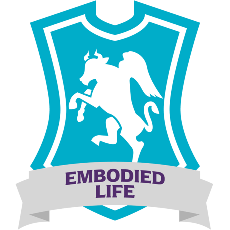 Teal shield logo with a white rearing winged horse and a gray ribbon reading “EMBODIED LIFE.”