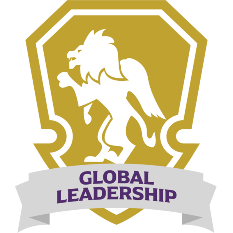 Gold shield emblem with a white griffin silhouette and a ribbon reading “GLOBAL LEADERSHIP.”
