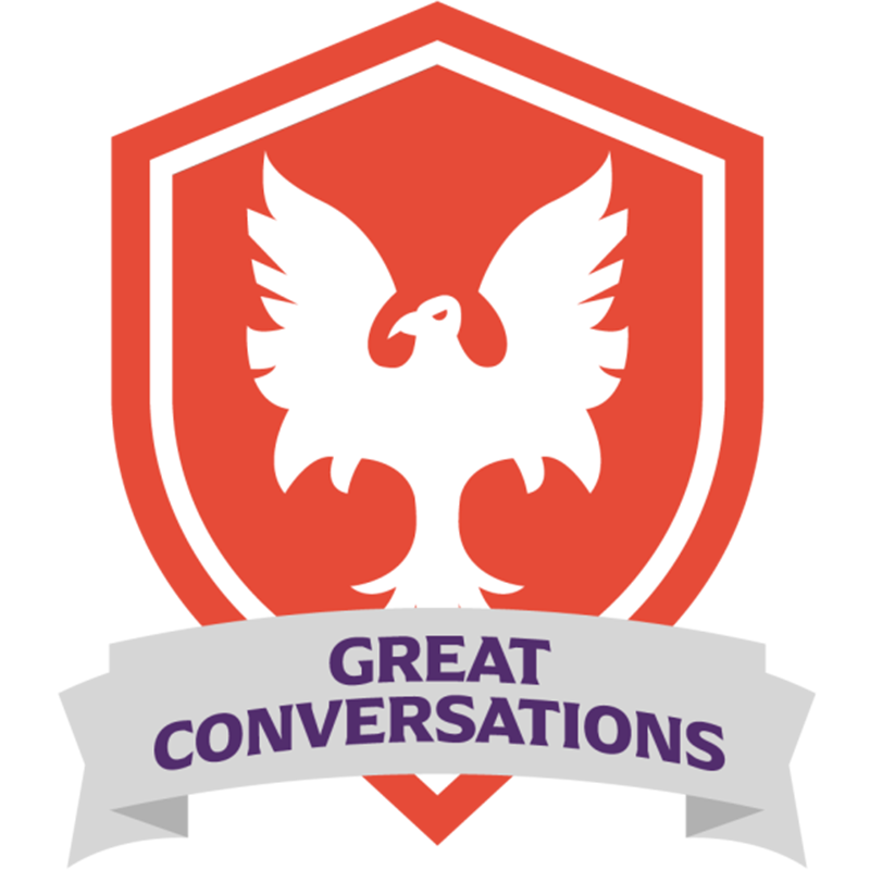 Red shield logo with a white phoenix silhouette and a gray ribbon reading “GREAT CONVERSATIONS.”