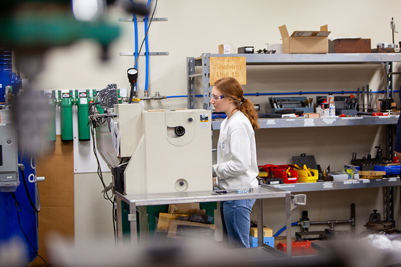 A student works in the engineering lab
