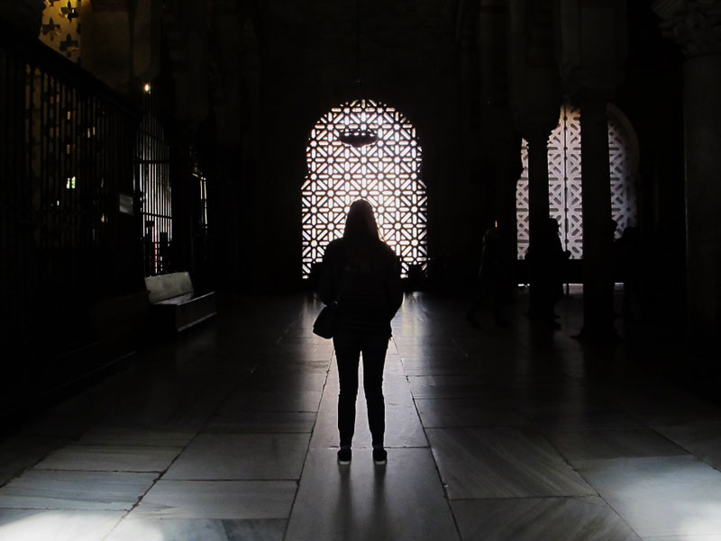 A student silhouetted in front of a ornate window in Spain