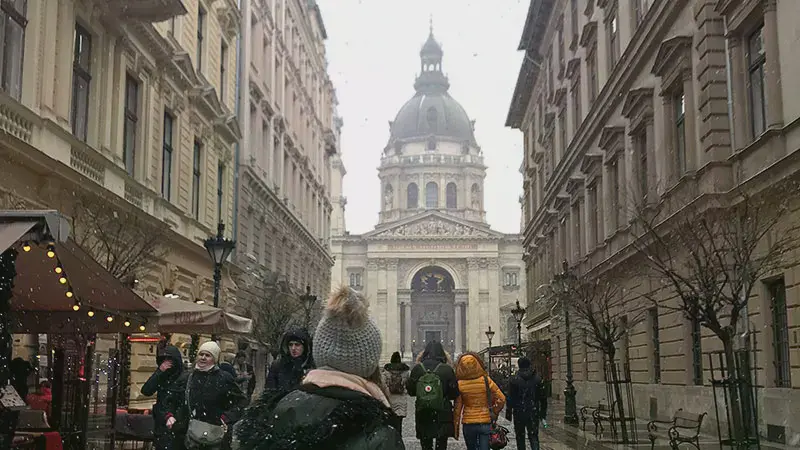 A snowy day in Hungary facing St. Stephen's Basilica