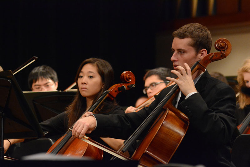 Students playing cello in the orchestra