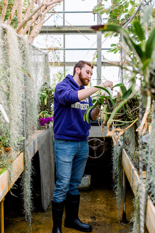 student caring for plants in a greenhouse