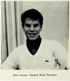 Black-and-white portrait of a smiling young man in a sweater, captioned “Dave Steiner, Student Body President.”